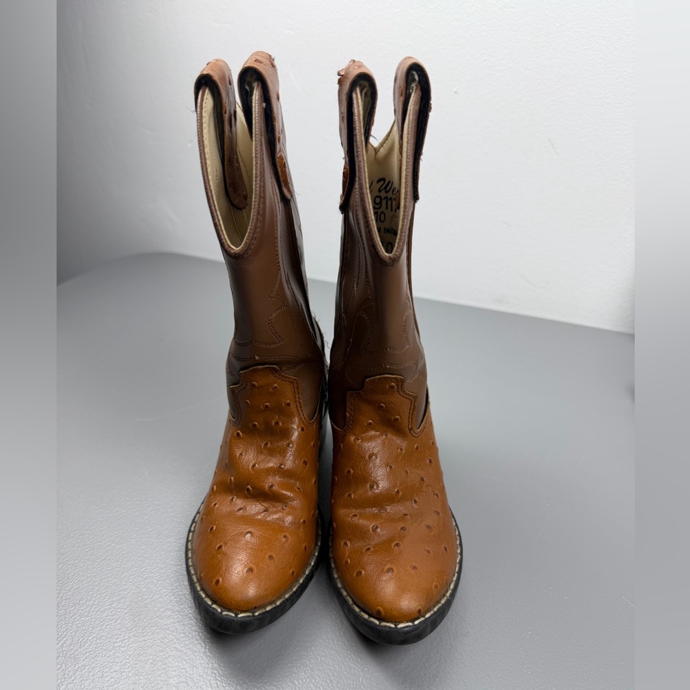 Old West Kids Brown Synthetic Ostrich Leather Cowboy Boots Size 13 Youth Pull On - Picture 3 of 8